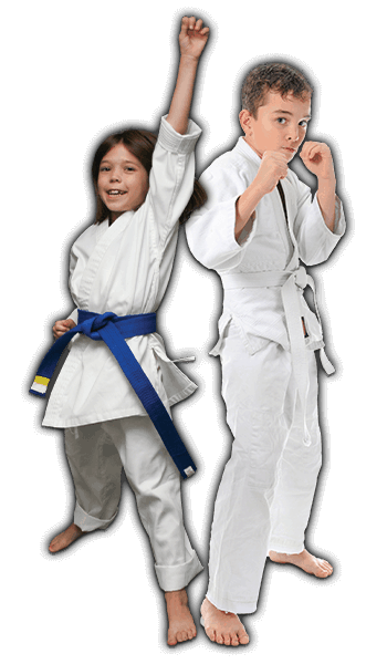 Martial Arts Lessons for Kids in Escondido CA - Happy Blue Belt Girl and Focused Boy Banner